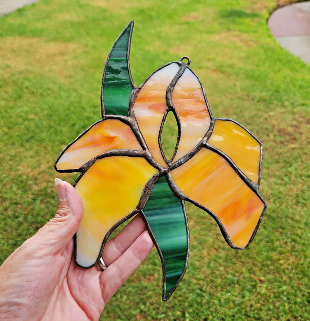 Vintage Yellow Iris Stained Glass Suncatcher Window Hanging Flower Art 8.5"